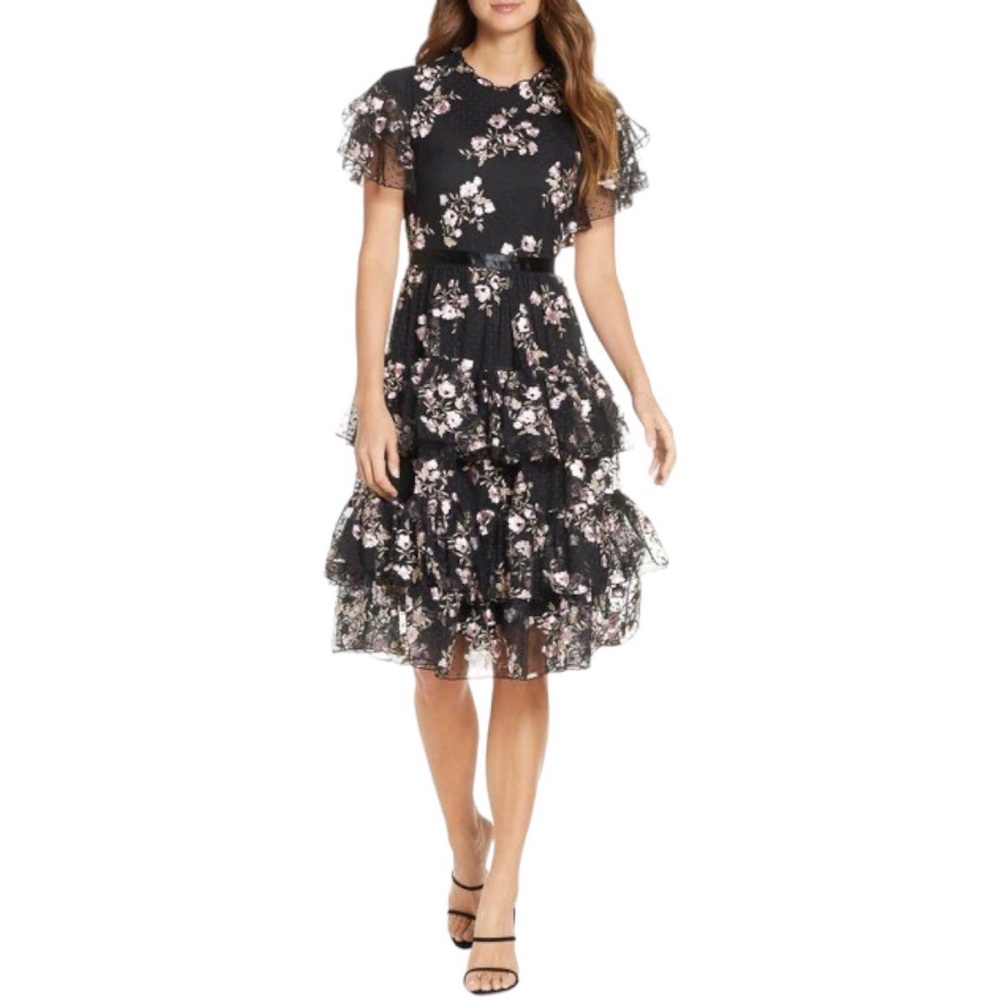 Rachel Parcell Black Floral Tiered Lace Dress